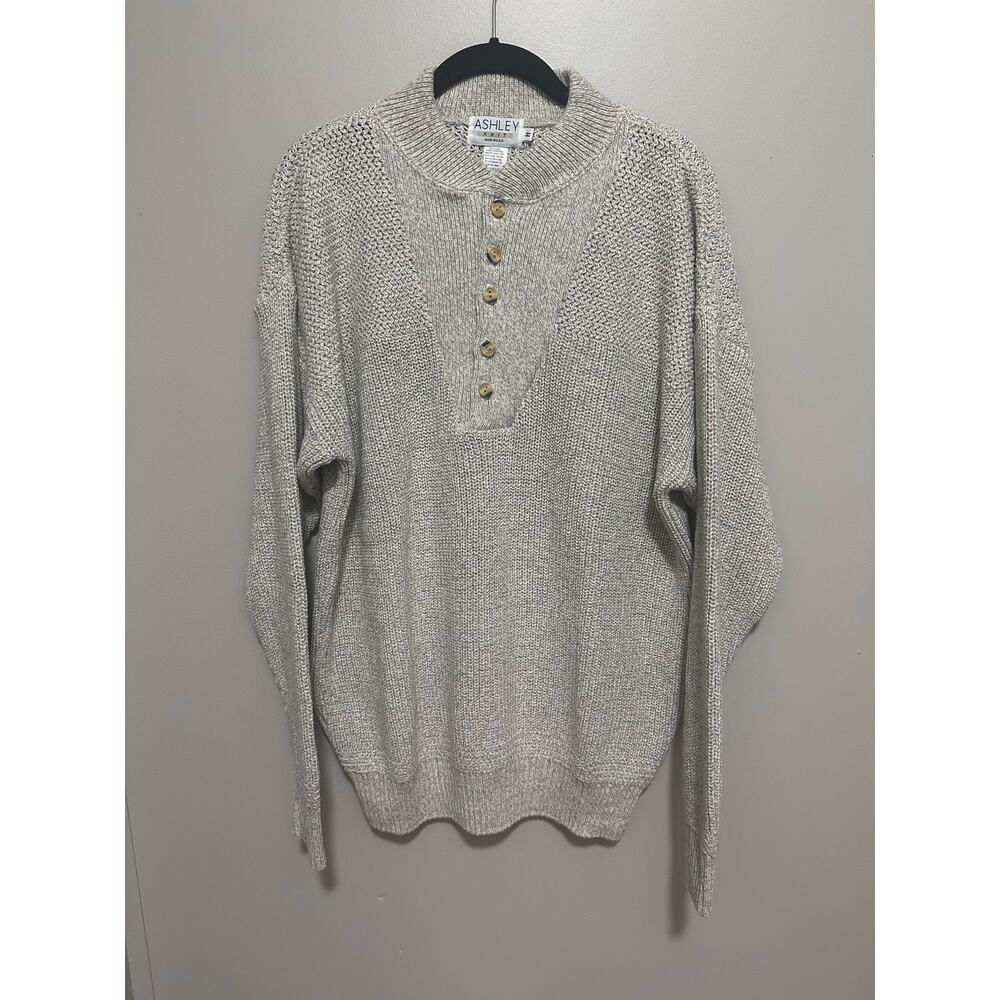 Vintage Sweater Size Medium Ashley Knit Button Neckline Gray Long Sleeve Cotton